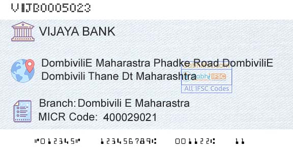 Vijaya Bank Dombivili E MaharastraBranch 