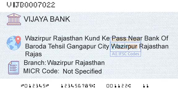 Vijaya Bank Wazirpur RajasthanBranch 