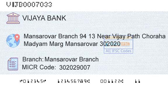 Vijaya Bank Mansarovar BranchBranch 