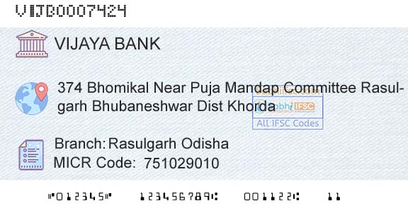 Vijaya Bank Rasulgarh OdishaBranch 