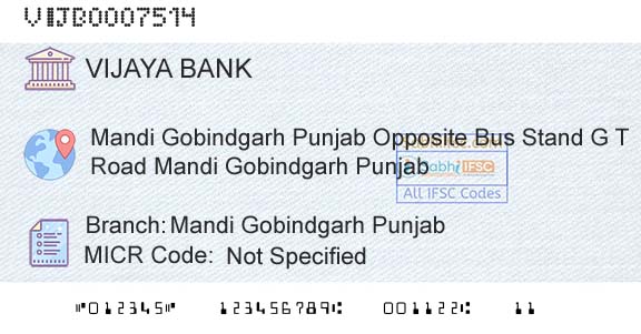 Vijaya Bank Mandi Gobindgarh PunjabBranch 