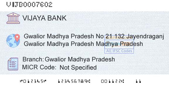 Vijaya Bank Gwalior Madhya PradeshBranch 