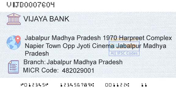 Vijaya Bank Jabalpur Madhya PradeshBranch 