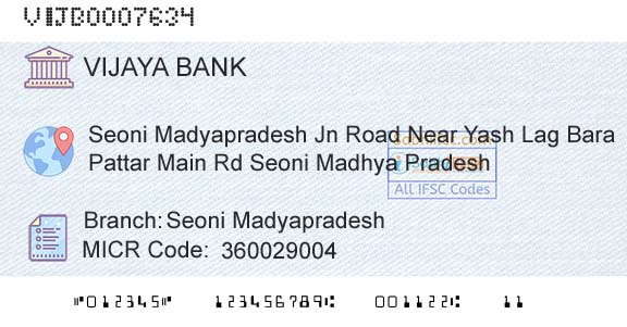 Vijaya Bank Seoni MadyapradeshBranch 
