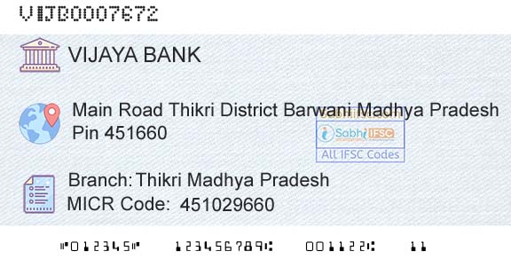 Vijaya Bank Thikri Madhya PradeshBranch 