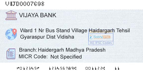 Vijaya Bank Haidergarh Madhya PradeshBranch 