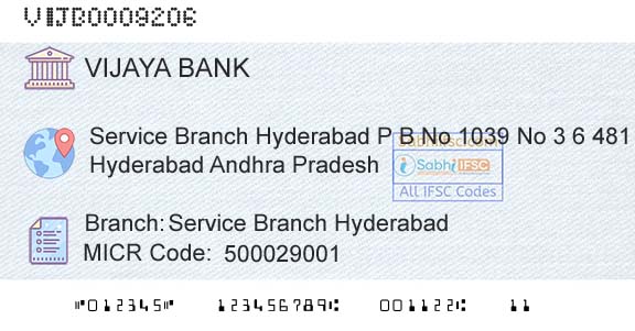 Vijaya Bank Service Branch HyderabadBranch 