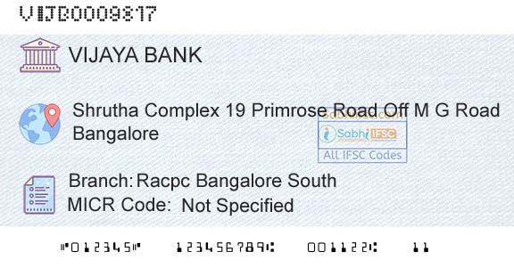 Vijaya Bank Racpc Bangalore SouthBranch 