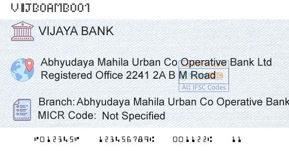 Vijaya Bank Abhyudaya Mahila Urban Co Operative Bank LtdBranch 