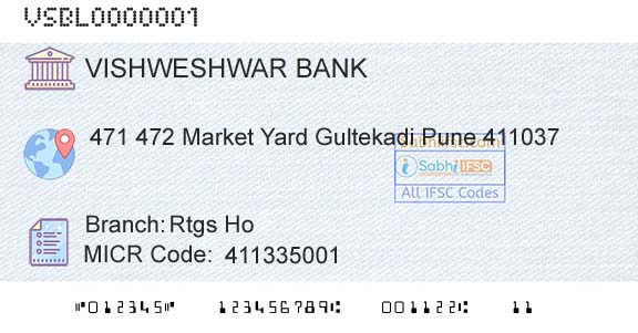 The Vishweshwar Sahakari Bank Limited Rtgs HoBranch 