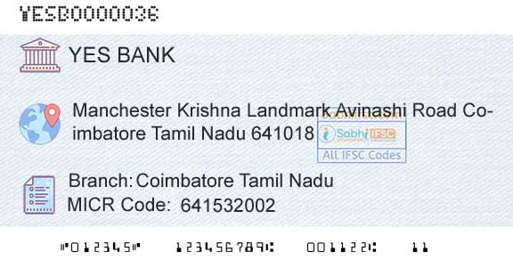 Yes Bank Coimbatore Tamil NaduBranch 