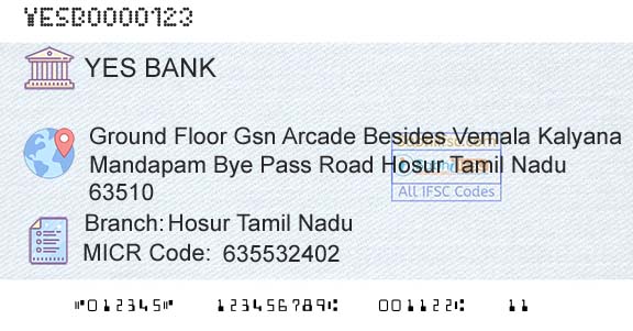 Yes Bank Hosur Tamil NaduBranch 
