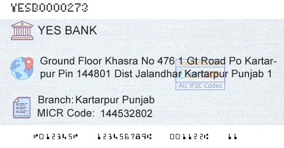 Yes Bank Kartarpur PunjabBranch 