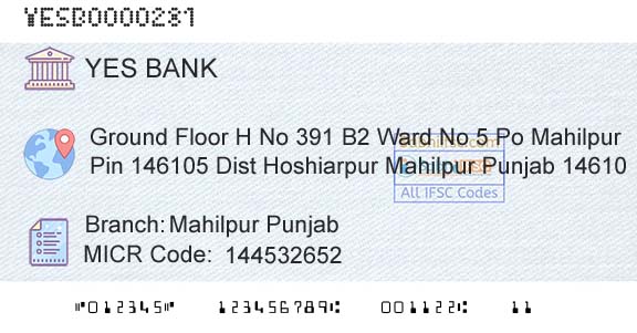 Yes Bank Mahilpur PunjabBranch 