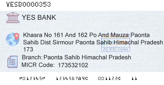 Yes Bank Paonta Sahib Himachal PradeshBranch 