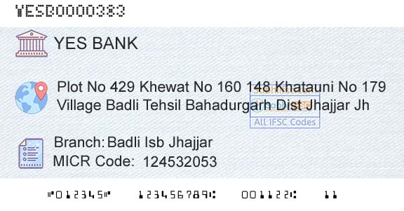 Yes Bank Badli Isb JhajjarBranch 