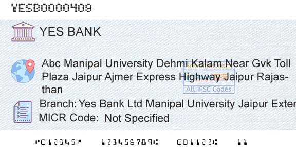 Yes Bank Yes Bank Ltd Manipal University Jaipur Extension CBranch 