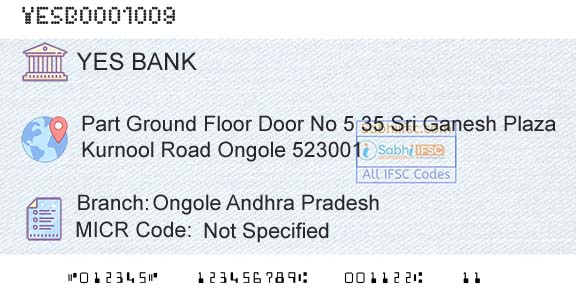 Yes Bank Ongole Andhra PradeshBranch 