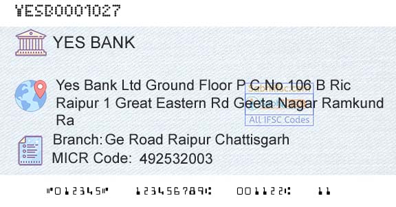 Yes Bank Ge Road Raipur ChattisgarhBranch 