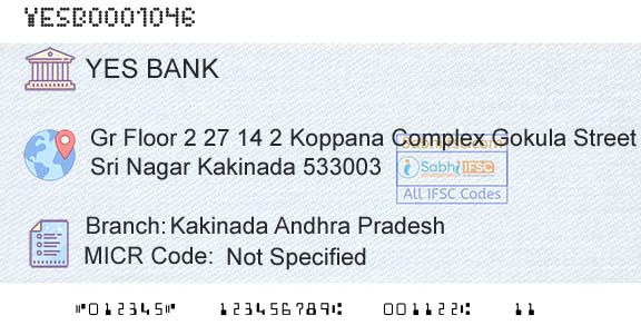 Yes Bank Kakinada Andhra PradeshBranch 