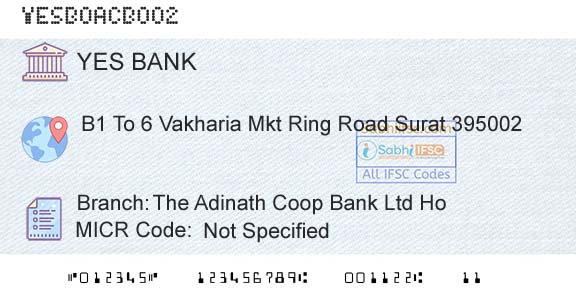 Yes Bank The Adinath Coop Bank Ltd HoBranch 