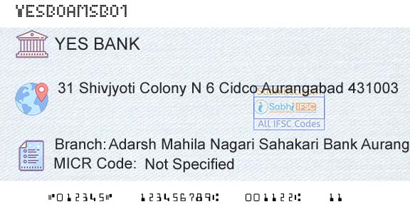 Yes Bank Adarsh Mahila Nagari Sahakari Bank AurangabadBranch 