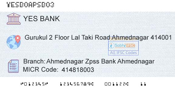 Yes Bank Ahmednagar Zpss Bank AhmednagarBranch 