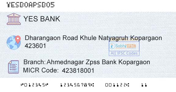 Yes Bank Ahmednagar Zpss Bank KopargaonBranch 