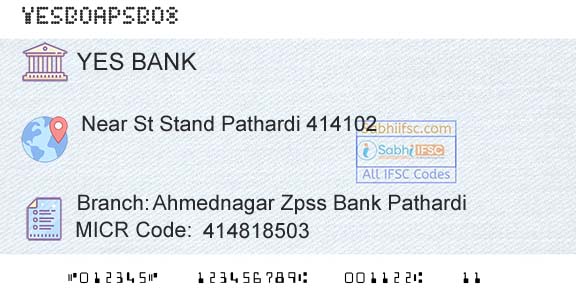 Yes Bank Ahmednagar Zpss Bank PathardiBranch 