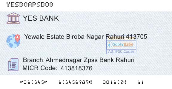 Yes Bank Ahmednagar Zpss Bank RahuriBranch 