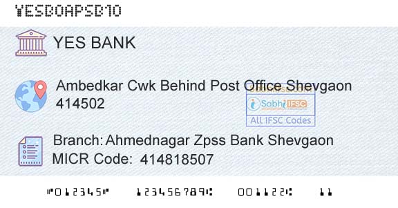 Yes Bank Ahmednagar Zpss Bank ShevgaonBranch 