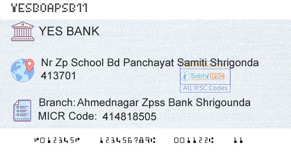 Yes Bank Ahmednagar Zpss Bank ShrigoundaBranch 