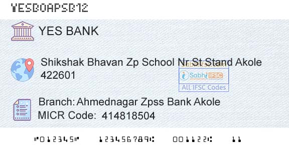 Yes Bank Ahmednagar Zpss Bank AkoleBranch 