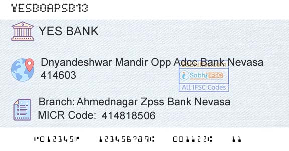 Yes Bank Ahmednagar Zpss Bank NevasaBranch 