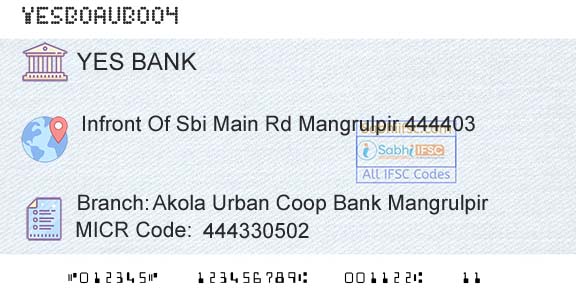Yes Bank Akola Urban Coop Bank MangrulpirBranch 