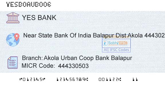 Yes Bank Akola Urban Coop Bank BalapurBranch 