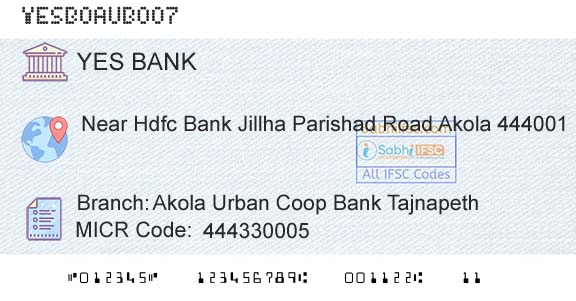 Yes Bank Akola Urban Coop Bank TajnapethBranch 