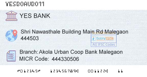 Yes Bank Akola Urban Coop Bank MalegaonBranch 