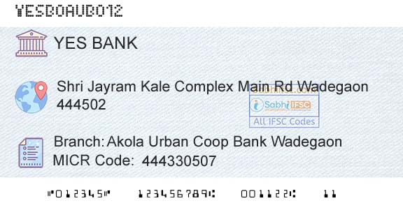 Yes Bank Akola Urban Coop Bank WadegaonBranch 