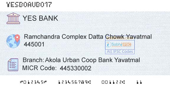 Yes Bank Akola Urban Coop Bank YavatmalBranch 
