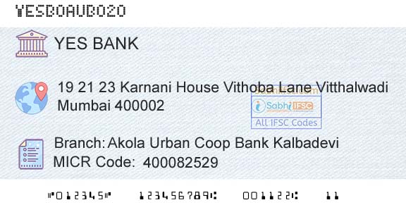 Yes Bank Akola Urban Coop Bank KalbadeviBranch 
