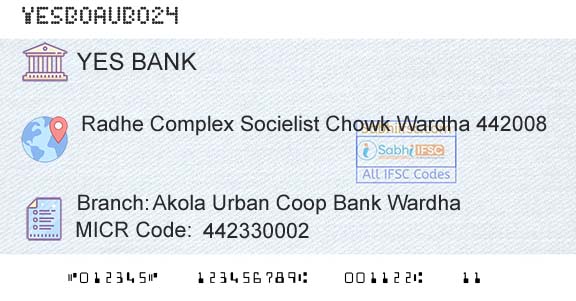 Yes Bank Akola Urban Coop Bank WardhaBranch 