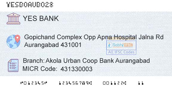 Yes Bank Akola Urban Coop Bank AurangabadBranch 