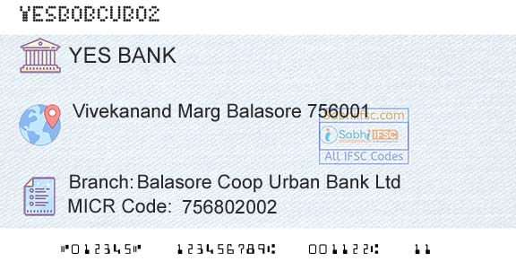 Yes Bank Balasore Coop Urban Bank LtdBranch 
