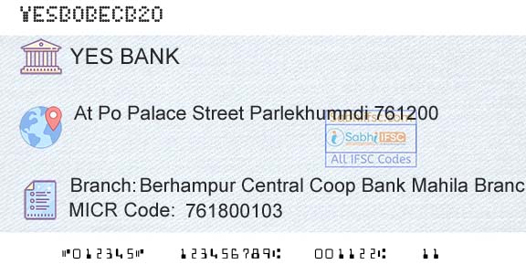 Yes Bank Berhampur Central Coop Bank Mahila Branch PkdBranch 