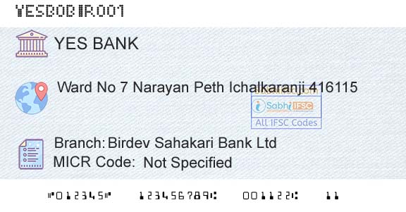 Yes Bank Birdev Sahakari Bank LtdBranch 