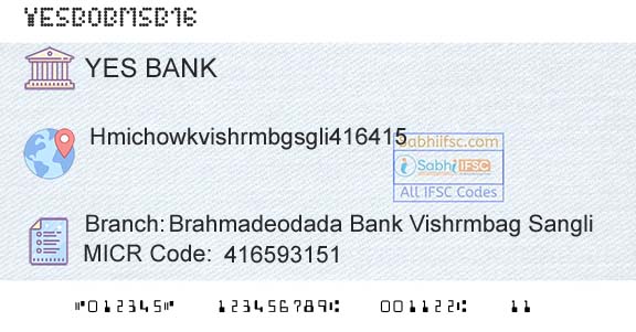 Yes Bank Brahmadeodada Bank Vishrmbag SangliBranch 