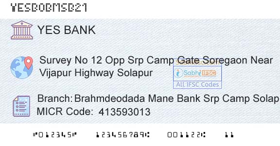 Yes Bank Brahmdeodada Mane Bank Srp Camp SolapurBranch 