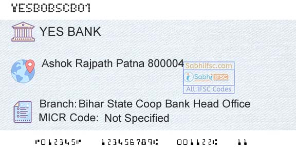 Yes Bank Bihar State Coop Bank Head OfficeBranch 