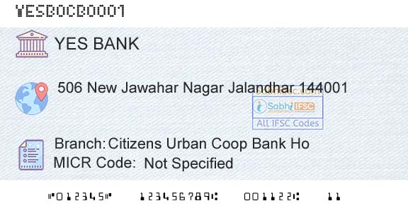 Yes Bank Citizens Urban Coop Bank HoBranch 